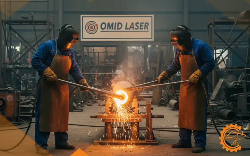 دو کارگر با ماسک و تجهیزات ایمنی در حال انجام خمکاری گرم لوله فلزی با مشعل و ابزار مخصوص در محیط کارگاهی.